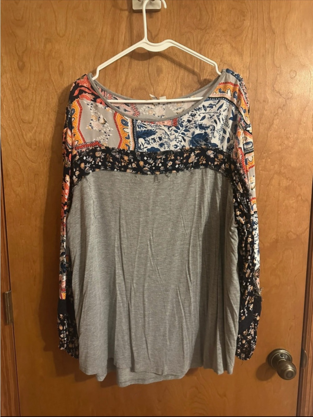 Boho Patchwork Gray Long Sleeve Women's Top